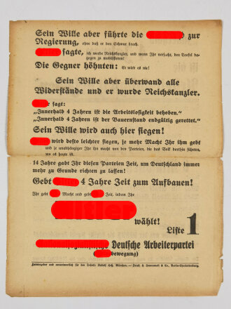 Rudolf Heß, NSDAP Flugblatt "Nationalsozialistische Deutsche Arbeiterpartei (Hitlerbewegung)", München/Berlin, ca. DIN A4, leicht verschlissen