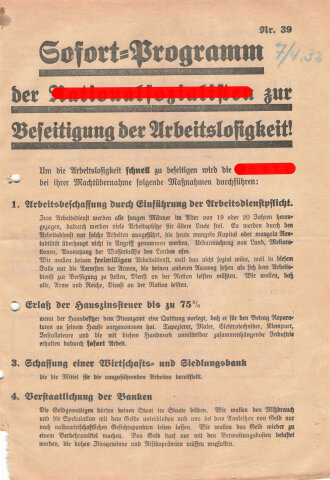 NSDAP Flugblatt "Sofort-Programm", NSDAP Gau Hamburg, 1932, Nr. 39, ca. DIN A4, gelocht, leicht verschlissen