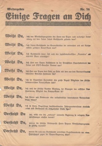 NSDAP Flugblatt "Einige Fragen an Dich", Hamburg, 1932, Nr. 76, ca. DIN A4, leicht veschlissen