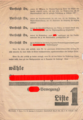 NSDAP Flugblatt "Einige Fragen an Dich", Hamburg, 1932, Nr. 76, ca. DIN A4, leicht veschlissen