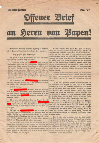 NSDAP Flugblatt "Offener Brief an Herrn von Papen", Hamburg, 1932, Nr. 77, ca. DIN A4, guter Zustand