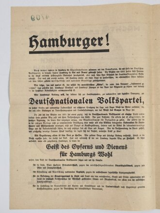 DNVP Flugblatt "Macht Hamburg frei durch eure Wahl - Wählt Deutschnational", Faltblatt, 4 Seiten, Hamburger Bürgerschaftswahl am 24. April 1932, ca. DIN A4, gefaltet, sonst guter Zustand