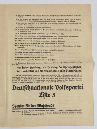 DNVP Flugblatt "Macht Hamburg frei durch eure Wahl - Wählt Deutschnational", Faltblatt, 4 Seiten, Hamburger Bürgerschaftswahl am 24. April 1932, ca. DIN A4, gefaltet, sonst guter Zustand