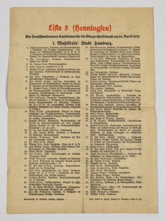 DNVP Flugblatt "Macht Hamburg frei durch eure Wahl - Wählt Deutschnational", Faltblatt, 4 Seiten, Hamburger Bürgerschaftswahl am 24. April 1932, ca. DIN A4, gefaltet, sonst guter Zustand