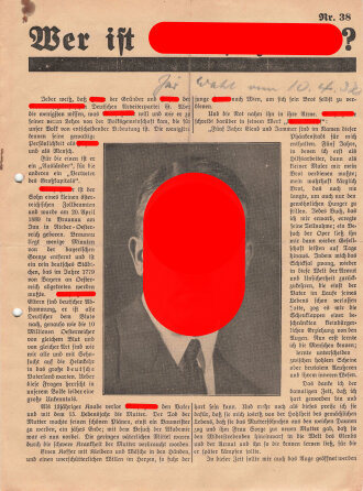 NSDAP Flugblatt "Wer ist Adolf Hitler?", Hamburg, 1932, Nr. 38, ca. DIN A4, gelocht, sonst guter Zustand