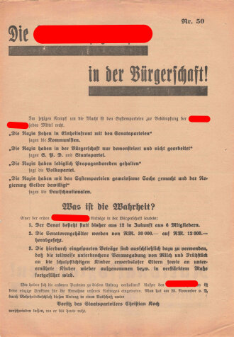 NSDAP Flugblatt "Die Nationalsozialisten in der Bürgerschaft", Hamburg, 1932, Nr. 50, ca. DIN A4, guter Zustand