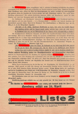 NSDAP Flugblatt "Die Nationalsozialisten in der Bürgerschaft", Hamburg, 1932, Nr. 50, ca. DIN A4, guter Zustand