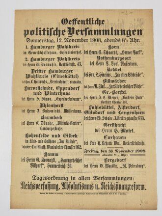 Flugblatt "Bis hierher und nicht weiter!", Hamburger Bürgerschaftswahl 1908, ca. 41 x 29 cm, gefaltet, sonst guter Zustand