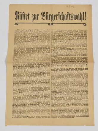 SPD Flugblatt "Rüstet zur Bürgerschaftswahl!", Hamburger Bürgerschaftswahl 1904, ca. 41 x 29 cm, gefaltet, sonst guter Zustand