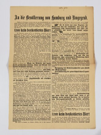 Gewerkschafts-Flugblatt "Trinkt kein boykottiertes Bier!", Hamburg 1904, ca. 41 x 29 cm, gefaltet, sonst guter Zustand