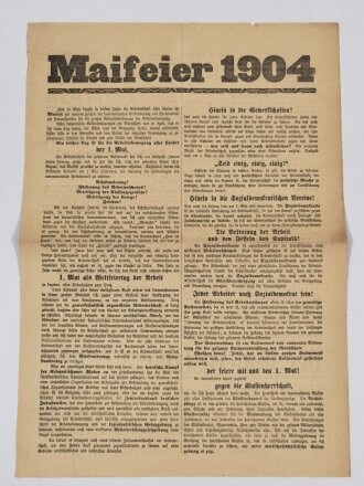 SPD Flugblatt "Maifeier 1904", Hamburg 1904, ca. 41 x 29 cm, gefaltet, sonst guter Zustand