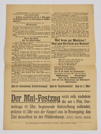 SPD Flugblatt "Maifeier 1904", Hamburg 1904, ca. 41 x 29 cm, gefaltet, sonst guter Zustand