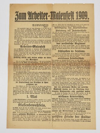 Gewerkschafts-Flugblatt "Zum Arbeiter-Maienfest 1909", Hamburg 1909, ca. 41 x 29 cm, gefaltet, mehrfach eingerissen, sonst guter Zustand