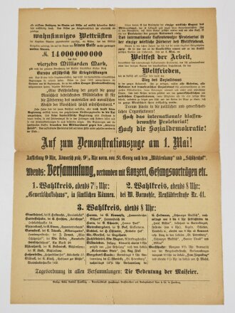 Gewerkschafts-Flugblatt "Zum Arbeiter-Maienfest 1909", Hamburg 1909, ca. 41 x 29 cm, gefaltet, mehrfach eingerissen, sonst guter Zustand