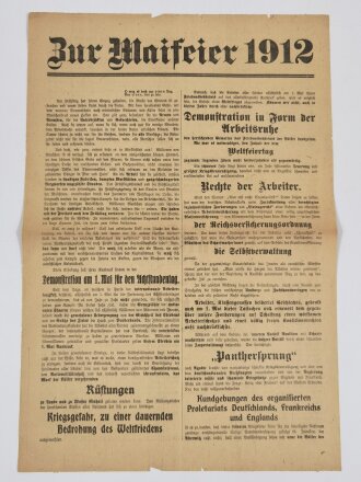 Proletarisches Flugblatt "Zur Maifeier 1912", Hamburg 1912, ca. 41 x 29 cm, gefaltet, sonst guter Zustand