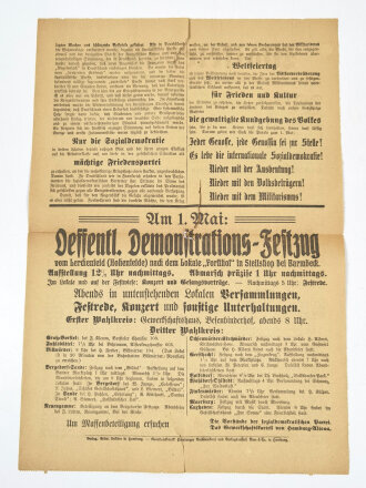 SPD Flugblatt "Maifeier 1913", Hamburg 1913, ca. 41 x 29 cm, mehrfach gefaltet und eingerissen