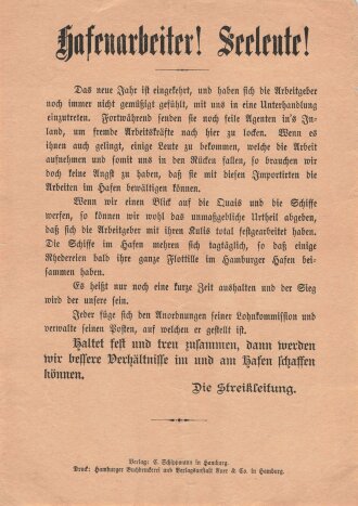Streik-Flugblatt "Hafenarbeiter! Seeleute!", Hamburg, ca. 17 x 24,5 cm, guter Zustand