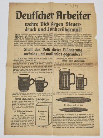 Proletarisches Flugblatt "Deutscher Arbeiter", Hamburg, 1909, ca. 41 x 29 cm, gefaltet, sonst guter Zustand