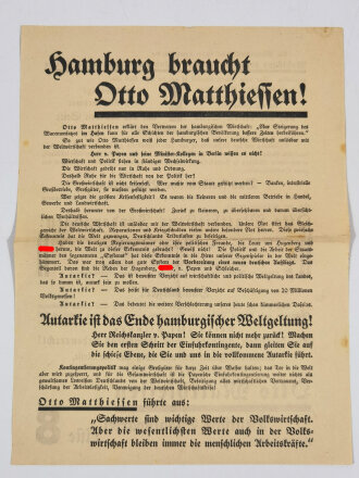 Deutsche Staatspartei, Flugblatt "Hamburg braucht Otto Matthiessen!", Hamburg, 1930-1933, ca. DIN A4, gefaltet, sonst guter Zustand