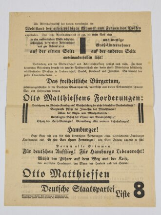 Deutsche Staatspartei, Flugblatt "Hamburg braucht Otto Matthiessen!", Hamburg, 1930-1933, ca. DIN A4, gefaltet, sonst guter Zustand