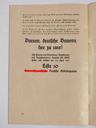 NSDAP Wahlprogramm "Landvolk in Not - Wer hilft? - Adolf Hitler!", Reichstagswahl 1928?, 19 Seiten, ca. DIN A5, sehr guter Zustand