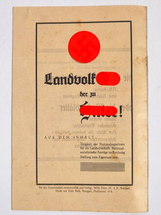 NSDAP Wahlprogramm "Landvolk in Not - Wer hilft? - Adolf Hitler!", Reichstagswahl 1928?, 19 Seiten, ca. DIN A5, sehr guter Zustand