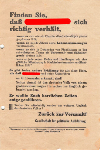 Gesellschaft für politische Aufklärung, Flugblatt "Finden Sie, daß Adolf Hitler sich richtig verhält?", Hamburg, ca. DIN A5, mehrfach gefaltet, gelocht, sonst guter Zustand
