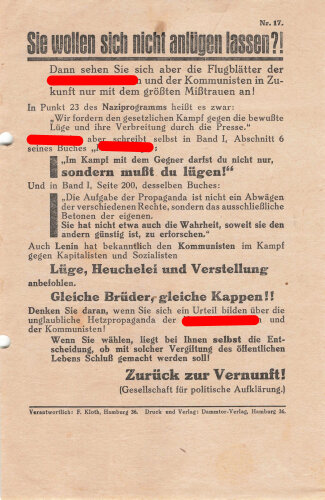 Gesellschaft für politische Aufklärung, Flugblatt "Sie wollen sich nicht anlügen lassen?!", Nr. 17, Hamburg, ca. DIN A5, mehrfach gefaltet, gelocht, sonst guter Zustand