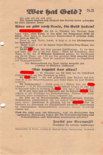 Gesellschaft für politische Aufklärung, Flugblatt "Wer hat Geld?", Nr. 18, Hamburg, ca. DIN A5, mehrfach gefaltet, gelocht, sonst guter Zustand