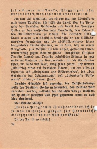 Tannenbergbund, Erich Ludendorff, Flugblatt/Broschüre "Genug der Verelendung - Genug der Deutschen Schmach", München, 8 lose Blätter, ca. 10,5 x 16 cm, gelocht, handschriftliche Notizen, sonst guter Zustand