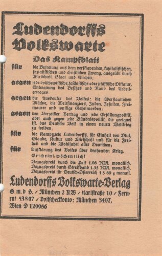 Tannenbergbund, Erich Ludendorff, Flugblatt/Broschüre "Genug der Verelendung - Genug der Deutschen Schmach", München, 8 lose Blätter, ca. 10,5 x 16 cm, gelocht, handschriftliche Notizen, sonst guter Zustand