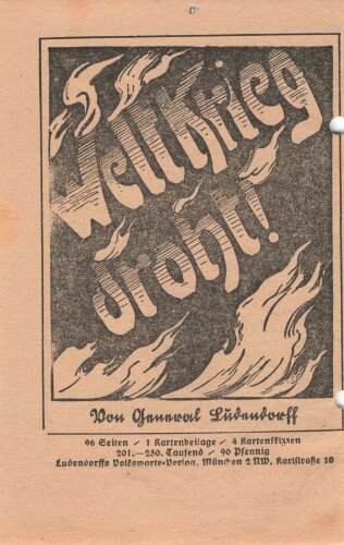 Tannenbergbund, Erich Ludendorff, Flugblatt/Broschüre "Genug der Verelendung - Genug der Deutschen Schmach", München, 8 lose Blätter, ca. 10,5 x 16 cm, gelocht, handschriftliche Notizen, sonst guter Zustand