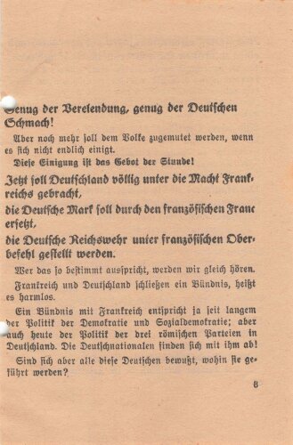 Tannenbergbund, Erich Ludendorff, Flugblatt/Broschüre "Genug der Verelendung - Genug der Deutschen Schmach", München, 8 lose Blätter, ca. 10,5 x 16 cm, gelocht, handschriftliche Notizen, sonst guter Zustand