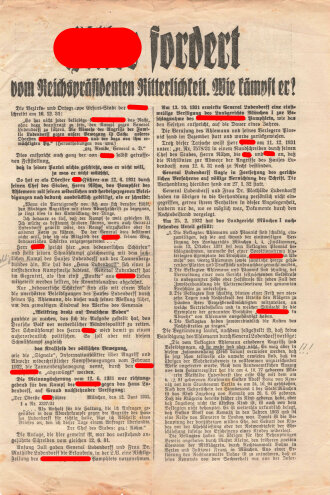 Tannenbergbund, Erich Ludendorff, Flugblatt "Hitler fordert", München, ca. DIN A4, handschriftliche Markierungen, sonst guter Zustand