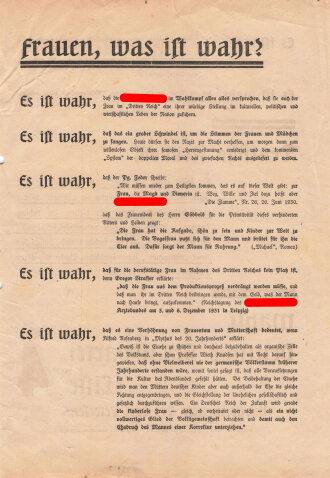 Deutsche Staatspartei, Liste 4, Flugblatt "Frauen, was ist wahr?", Hamburg, Bürgerschaftswahl 1932, DIN A4, gelocht, sonst guter Zustand