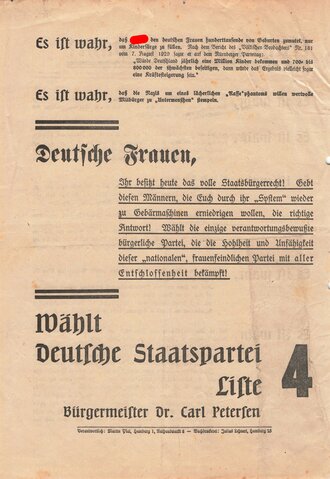 Deutsche Staatspartei, Liste 4, Flugblatt "Frauen,...