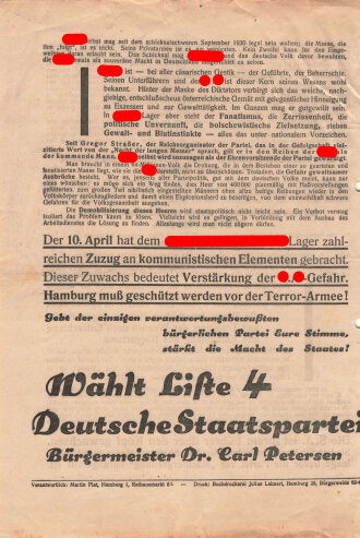 Deutsche Staatspartei, Liste 4, Flugblatt "Die Armee der Enteignung!", aus der Vossischen Zeitung, Hamburg, Bürgerschaftswahl 1932, ca. 32 x 43 cm, gelocht und in der Mitte zerschnitten, sonst guter Zustand