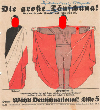 DNVP, Liste 5, Flugblatt "Die große Täuschung!", Hamburg, Bürgerschaftswahl 1932, 20 x 22 cm, gelocht, handschriftliche Notiz, sonst guter Zustand