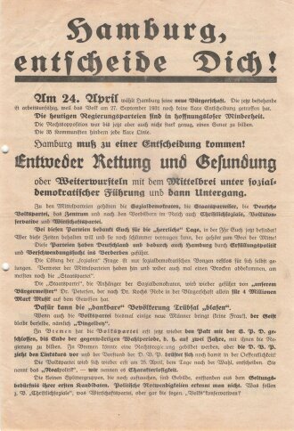 DNVP, Liste 5, Flugblatt "Hamburg, entscheide Dich!", Hamburg, Bürgerschaftswahl 1932, ca. DIN A4, gelocht, sonst guter Zustand
