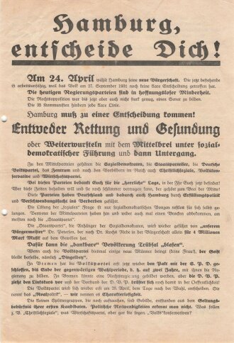 DNVP, Liste 5, Flugblatt "Hamburg, entscheide...