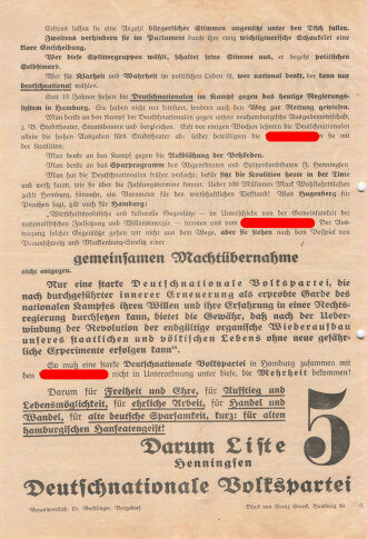 DNVP, Liste 5, Flugblatt "Hamburg, entscheide Dich!", Hamburg, Bürgerschaftswahl 1932, ca. DIN A4, gelocht, sonst guter Zustand