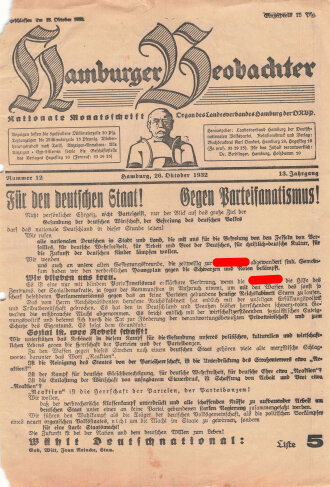 DNVP, Liste 5, Flugblatt "Hamburger Beobachter", Hamburg, 26. Oktober 1932, Reichstagswahl 1932, ca. DIN A4, gelocht, leicht verschlissen