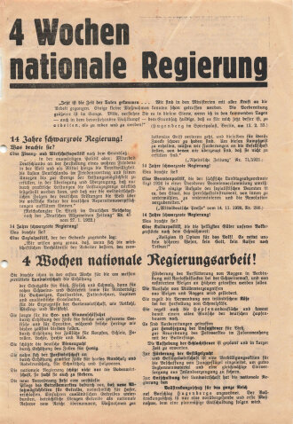 DNVP/Stahlhelm/Kampffront Schwarz-Weiß-Rot, Liste 5, Flugblatt "4 Wochen nationale Regierung", Hamburg, Reichstagswahl 1933, ca. DIN A4, gelocht, leicht verschlissen