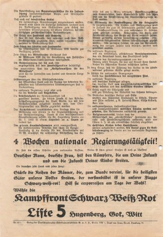 DNVP/Stahlhelm/Kampffront Schwarz-Weiß-Rot, Liste 5, Flugblatt "4 Wochen nationale Regierung", Hamburg, Reichstagswahl 1933, ca. DIN A4, gelocht, leicht verschlissen