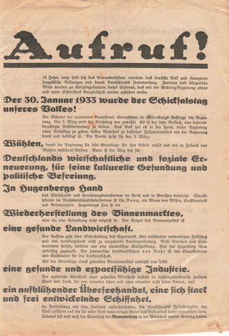 DNVP/Stahlhelm/Kampffront Schwarz-Weiß-Rot, Liste 5, Flugblatt "Aufruf!", Hamburg, Reichstagswahl 1933, ca. DIN A4, leicht verschlissen