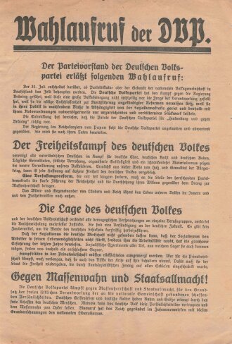 DVP, Liste 7, Flugblatt "Wahlaufruf der DVP", Reichstagswahl Juli 1932, ca. DIN A4, guter Zustand