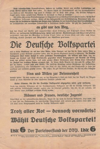 DVP, Liste 7, Flugblatt "Wahlaufruf der DVP", Reichstagswahl Juli 1932, ca. DIN A4, guter Zustand