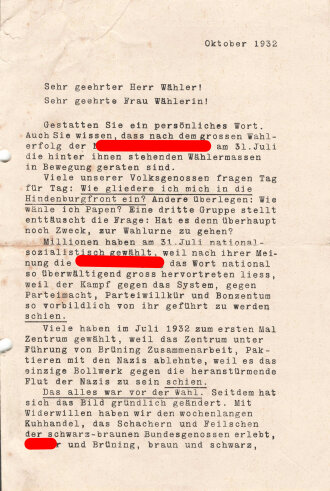 DVP, Liste 7, Flugblatt "Sehr geehrter Wähler!", Reichstagswahl November 1932, ca. DIN A4, gelocht, leicht verschlissen, in der Mitte zerschnitten