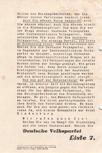 DVP, Liste 7, Flugblatt "Sehr geehrter Wähler!", Reichstagswahl November 1932, ca. DIN A4, gelocht, leicht verschlissen, in der Mitte zerschnitten