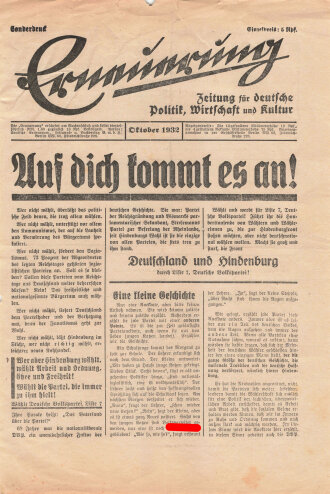 DVP, Liste 7, Wahlwerbung auf Zeitungsblatt "Das zweite Reich", Sonderdruck "Erneuerung" Oktober 1932, Reichstagswahl November 1932, ca. DIN A4, gelocht, leicht verschlissen